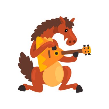 Kahverengi at çalarken balalayka, şirin müzisyen hayvan çizgi film karakteri ile beyaz bir arka planda müzik aleti vektör çizim