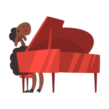 Piyano, şirin müzisyen hayvan çizgi film karakteri ile müzik aleti çalma koyun üzerinde beyaz bir arka plan illüstrasyon vektör