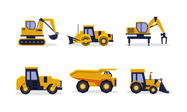 Flat vector set of heavy machinery for building. Construction equipment. Yellow excavator, tractor, dump truck, backhoe loader — Stock Vector