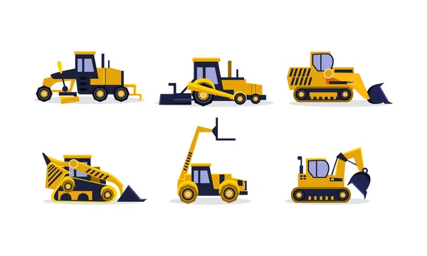 Flat vector set of colorful construction vehicles. Excavator, wheel loader, bulldozer, grader. Heavy equipment for building — Stock Vector