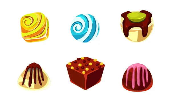 Conjunto de vectores planos de caramelos de chocolate y caramelo. Delicioso dulce. Elementos para juegos móviles o empaquetado de productos — Vector de stock