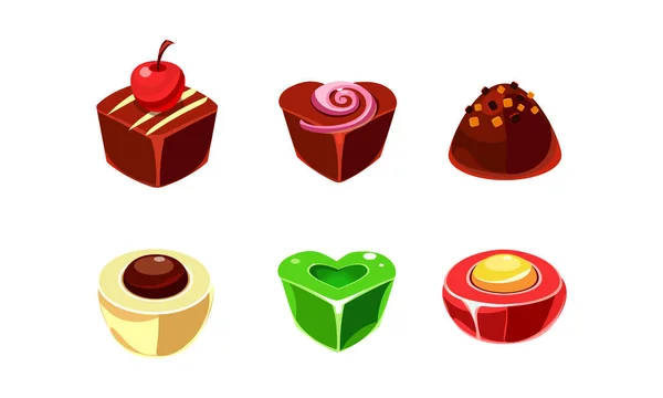 Conjunto de vectores planos de caramelos de chocolate y caramelo de varias formas. Dulces con diferente relleno. Productos de confitería sabrosos — Archivo Imágenes Vectoriales