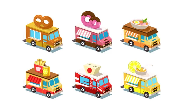 Flat vector set of isometric food trucks. Vans with pretzel, doughnut, soup, french fries and soda, Japanese box and lemonade on roof — Stock Vector