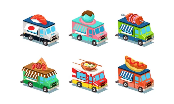 Set of food trucks in modern 3D style. Vans with Japanese cuisine, ice-cream, pizza, hot dog and barbecue. Flat vector design — Stock Vector