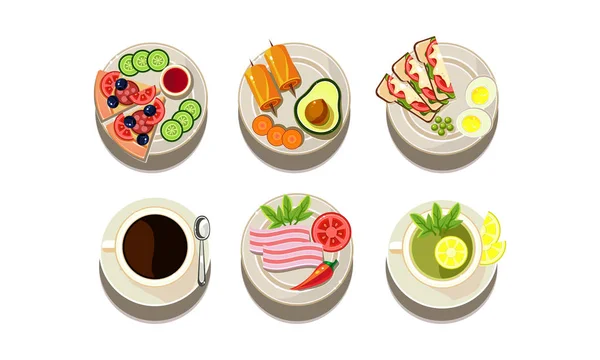 Conjunto de vectores planos de alimentos y bebidas iconos. Platos con diferentes platos y tazas con té y café. Bebidas calientes y comida — Vector de stock