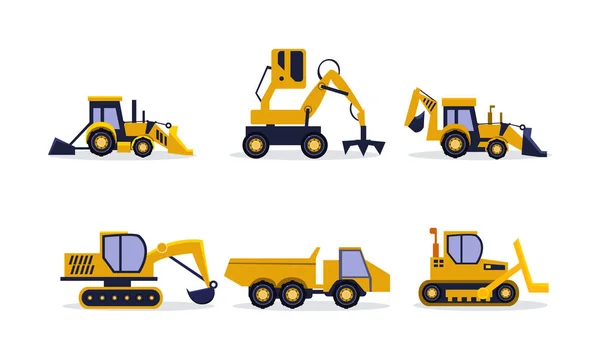 Flat vector set of construction equipment. Excavator, backhoe loader, rock truck. Heavy machinery for building — Stock Vector