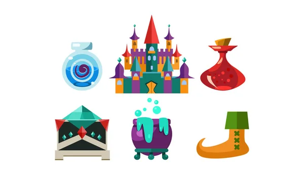 Set of cartoon magic objects. Bottles with elixir, big castle, cauldron with boiling potion and small casket. — Stock Vector