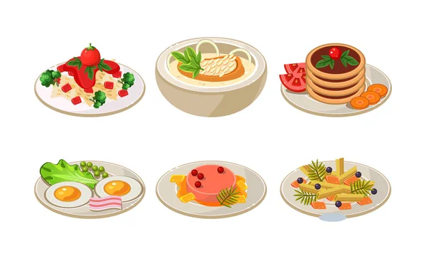 Set de vectores planos de platos con sabrosa comida. Platos apetitosos para el desayuno y la cena. Deliciosa comida — Vector de stock