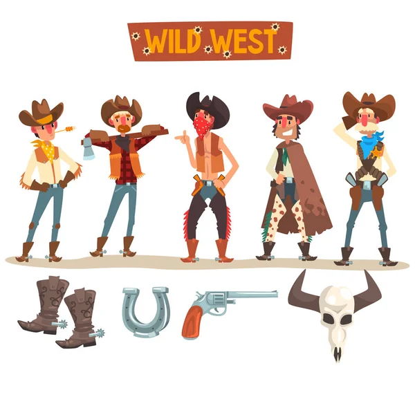 Western Cowboys Set, Wild-West-Menschen mit Ausrüstung und Zubehör Vektor-Illustration auf weißem Hintergrund — Stockvektor