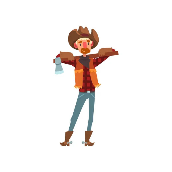 Cowboy em roupas tradicionais em pé com machado, western cartoon character vector Ilustração sobre um fundo branco — Vetor de Stock