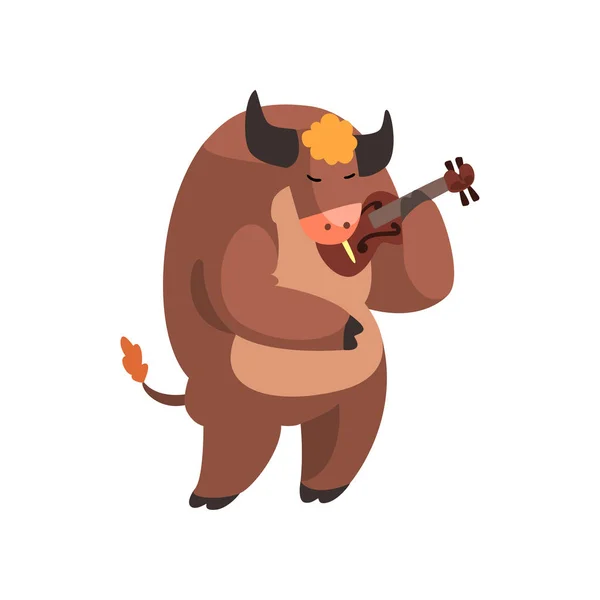 Vaca tocando el violín, lindo músico animal personaje de dibujos animados con vector instrumento musical Ilustración sobre un fondo blanco — Vector de stock