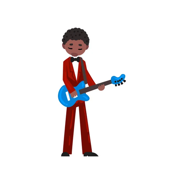 Masculino músico afroamericano en traje rojo tocando el vector de guitarra eléctrica Ilustración sobre fondo blanco — Archivo Imágenes Vectoriales