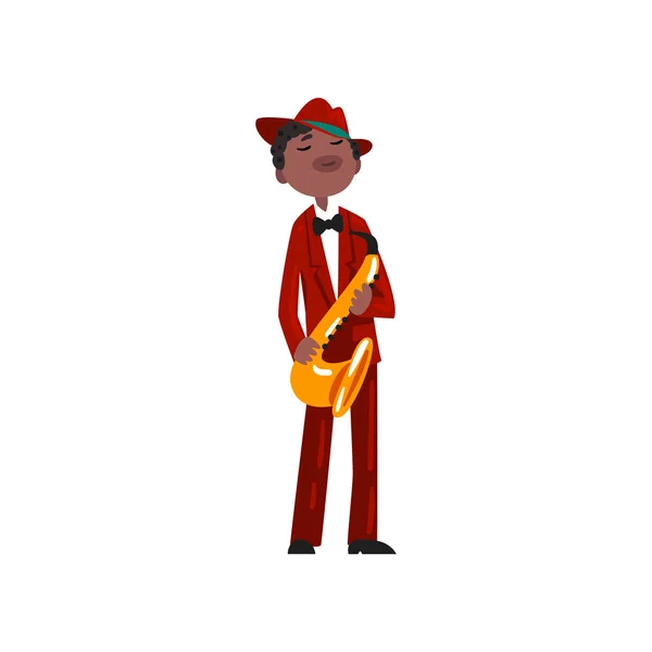 Musicien afro-américain en costume élégant rouge et chapeau jouant vecteur saxophone Illustration sur fond blanc — Image vectorielle