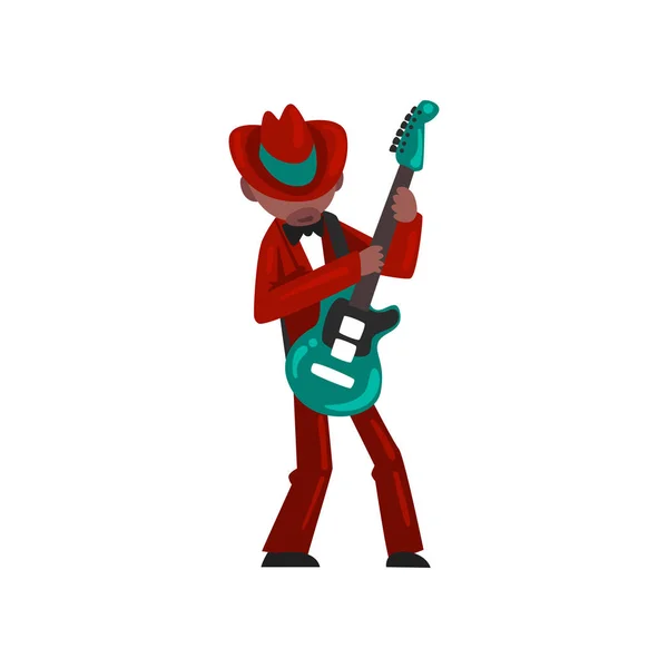 Mężczyzna Afryki amerykański muzyk w czerwony elegancki garnitur, gra gitara wektor ilustracja na białym tle — Wektor stockowy