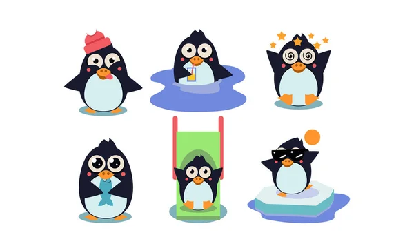 Conjunto de vector plano de pingüino lindo en diferentes acciones Divertido personaje de dibujos animados. Elemento para móvil juego — Vector de stock