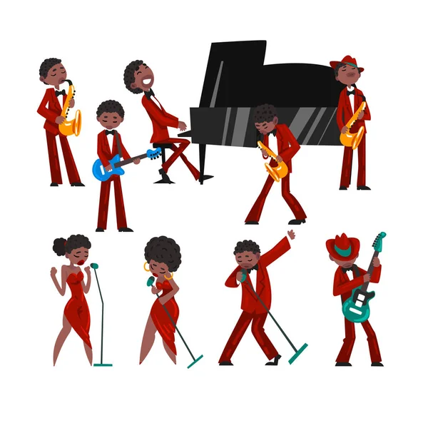 African American jazz band, black men and women singing, different musical instruments vector Illustration on a white background — Stock Vector