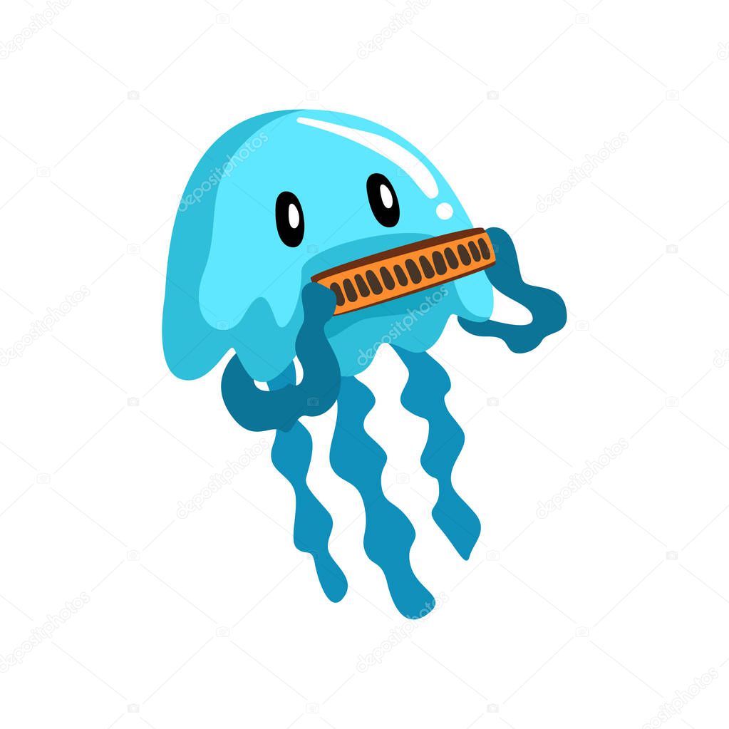 Jellyfish playing on the harmonica, cute musician sea creature cartoon character with musical instrument vector Illustration on a white background