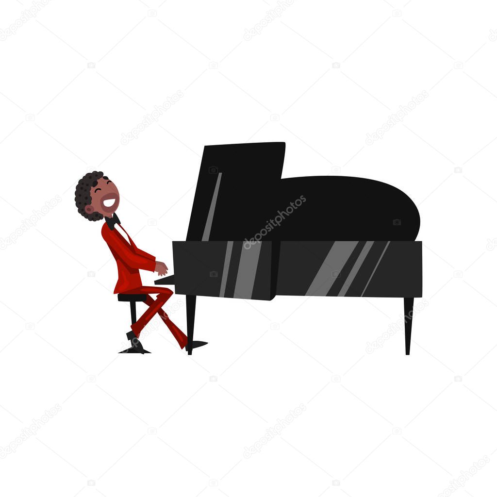 Male African American musician in red elegant suit playing piano vector Illustration on a white background