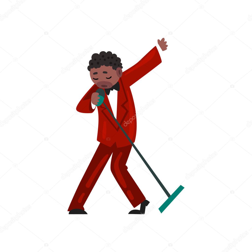 Male African American jazz singer in red elegant suit singing with microphone vector Illustration on a white background