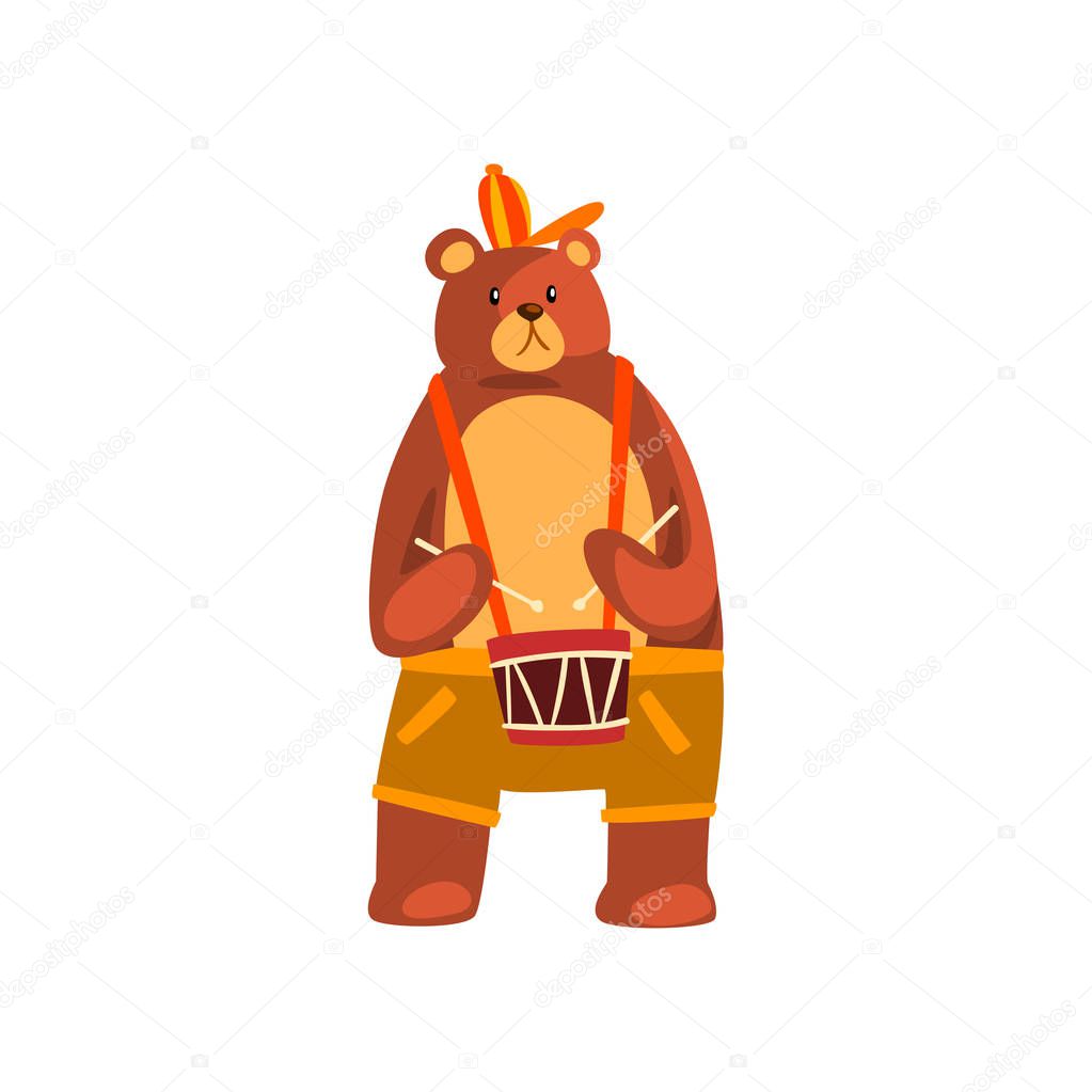 Bear playing the drum, cute musician animal cartoon character with musical instrument vector Illustration on a white background