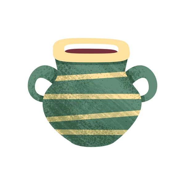 Pequeña olla de cerámica verde con rayas y dos asas. Vaso viejo para líquidos. Jarrón de barro antiguo. Icono de vector plano con textura — Archivo Imágenes Vectoriales