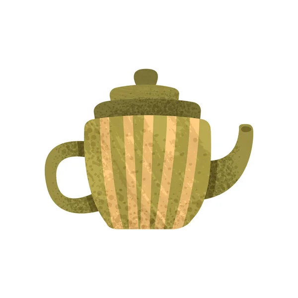 Kleine grüne Teekanne mit gelben Streifen. Keramikkessel mit Deckel, langer Schnauze und Griff. flacher Vektor mit Textur — Stockvektor