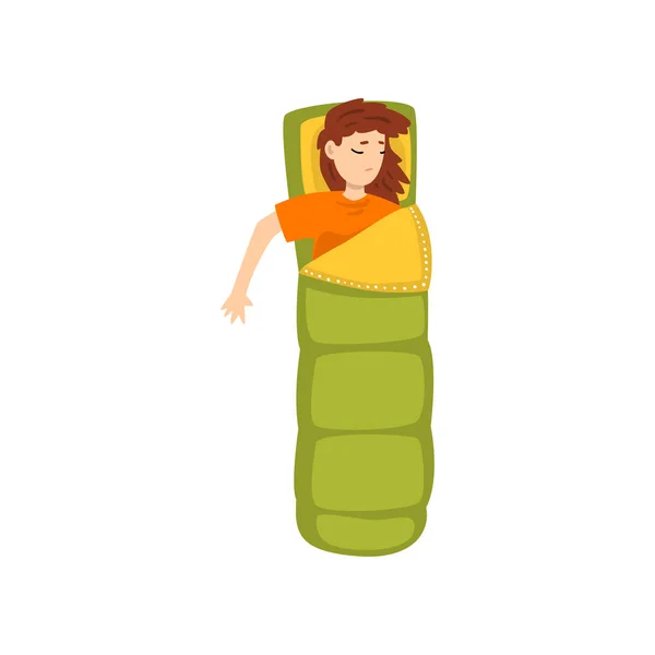 Mujer joven durmiendo en un saco de dormir, vista desde arriba vector Ilustración sobre un fondo blanco — Vector de stock