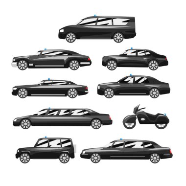 Sigorta primi siyah çift araba koleksiyonu, mavi flasher siren, yan görünümü ile iş lüks araçlar illüstrasyon beyaz bir arka plan üzerinde vektör