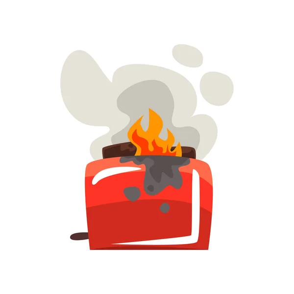 Broken burning toaster, damaged home appliance cartoon vector Illustration on a white background — Stock Vector