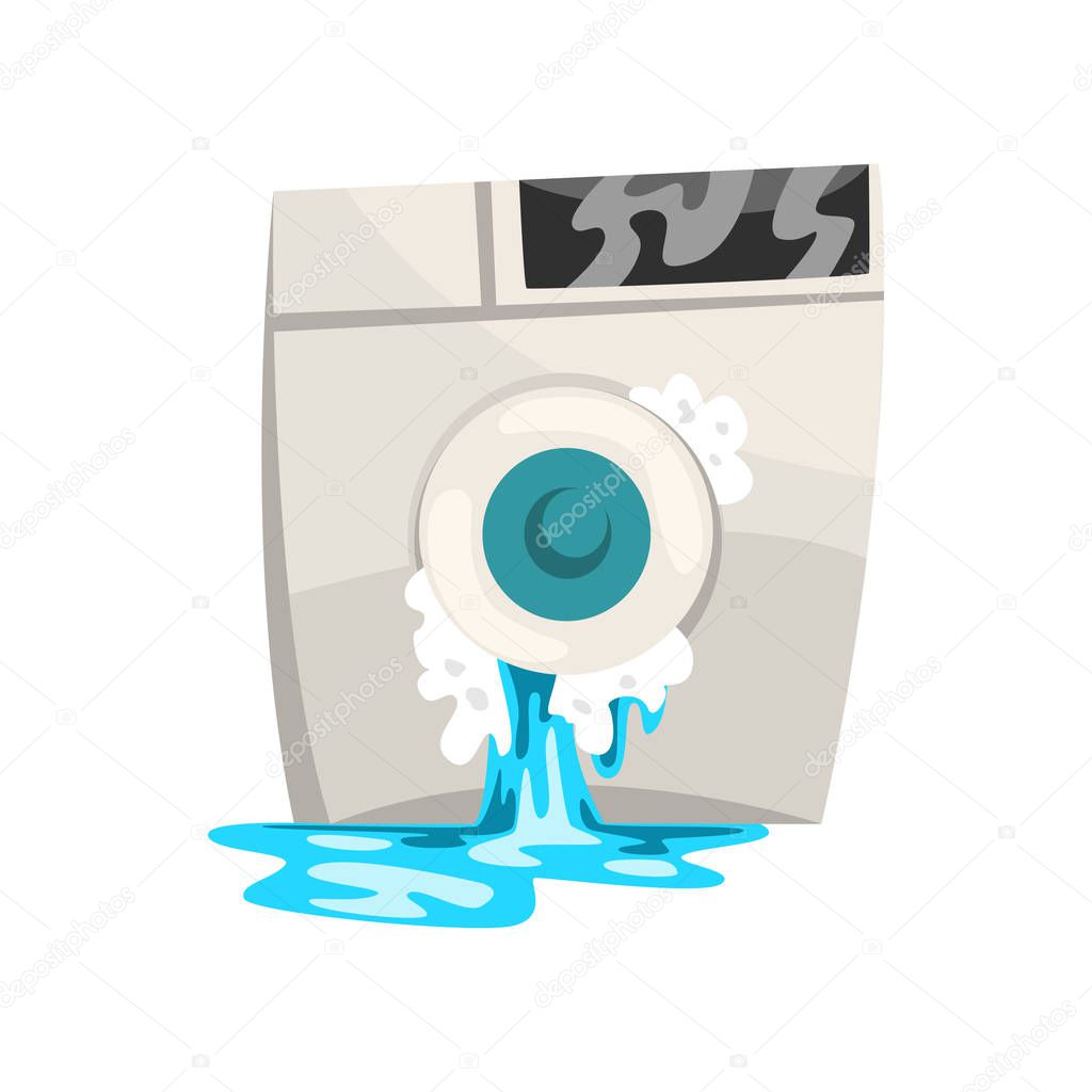 Broken washing machine with leaking water, damaged home appliance cartoon vector Illustration on a white background