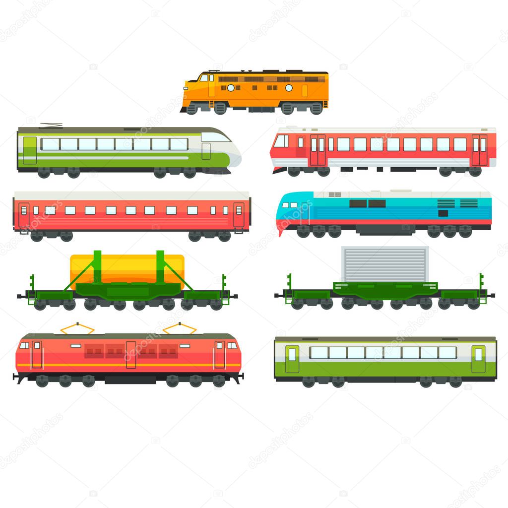 Modern railway locomotives, freight and passenger wagons set, railway carriage, subway transport, cargo vector Illustration on a white background