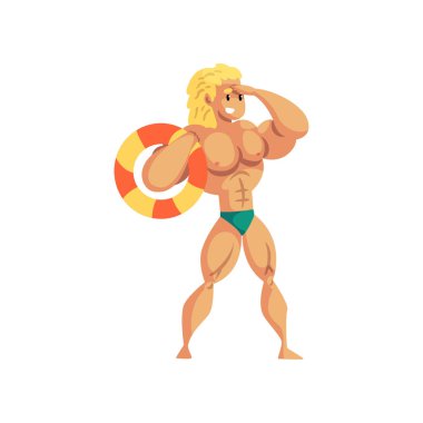 Lifebuoy mesafe içine kas profesyonel kurtarıcı görev vektör çizim üzerinde beyaz bir arka plan üzerinde seyir ile erkek cankurtaran