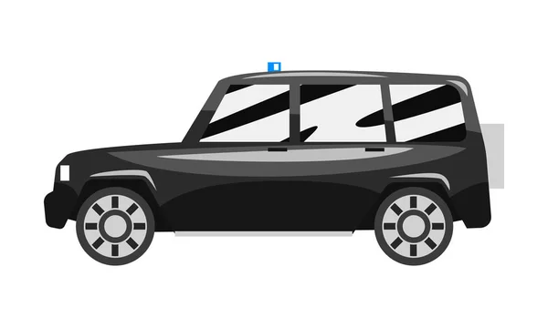 Voiture tout terrain noire avec sirène clignotante bleue, vecteur de vue latérale du véhicule de luxe d'affaires Illustration sur fond blanc — Image vectorielle