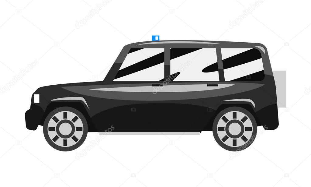 Black off road car with blue flasher siren, business luxury vehicle side view vector Illustration on a white background