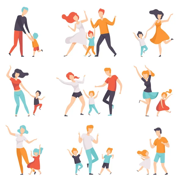 Ouders met hun kinderen-set dancing, vector kinderen met goede tijd met hun vaders en moeders illustraties op een witte achtergrond — Stockvector