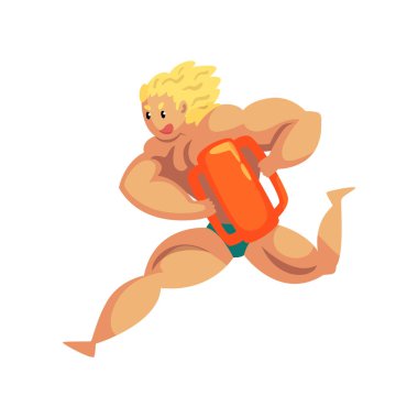 Erkek cankurtaran can simidi şamandıra ile kas profesyonel kurtarıcı görev vektör çizim üzerinde beyaz bir arka plan üzerinde çalışan