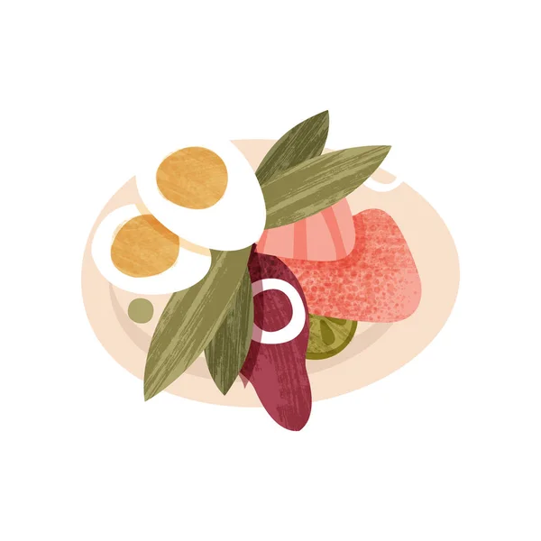 Salade appétissante à base de légumes frais, d'œufs durs et de jambon. Thème alimentaire. Icône vectorielle plate avec texture — Image vectorielle