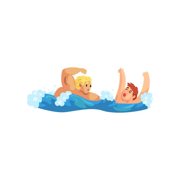 Male lifeguard saving a drowning man, professional rescuer on duty vector Illustration on a white background — Stock Vector