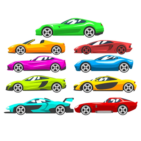 Raccolta di auto da corsa sportive, supercar colorato, vista laterale vettore Illustrazione su uno sfondo bianco — Vettoriale Stock
