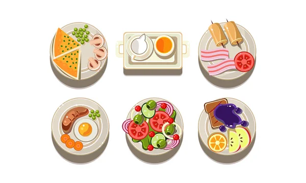 Conjunto vetorial plano de placas com pratos diferentes. Comida saborosa. Elementos para menu de restaurante ou aplicativo móvel — Vetor de Stock