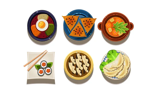 Conjunto de vectores planos de iconos de alimentos de dibujos animados. Cocina china y coreana. Comida tradicional asiática. Comida sabrosa — Vector de stock