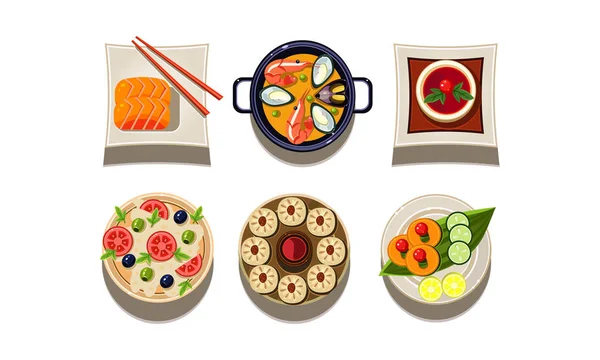 Flatvektor-Set von Tellern mit leckeren Gerichten, von oben gesehen. chinesische Küche. leckeres asiatisches Essen. Elemente für Café-Menü — Stockvektor