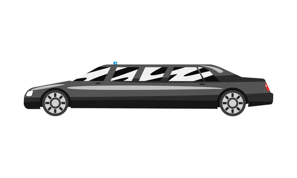 Zwarte executive limousine met blauwe flasher sirene, zakelijke luxe voertuig kant weergave vector illustratie op een witte achtergrond — Stockvector