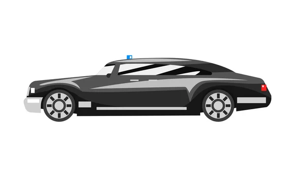 Voiture de luxe noire avec sirène clignotante bleue, vecteur de vue latérale du véhicule d'affaires Illustration sur fond blanc — Image vectorielle