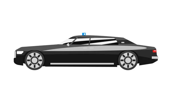 Premium zwart executive sedan met blauwe flasher sirene, zakelijke luxe voertuig kant weergave vector illustratie op een witte achtergrond — Stockvector