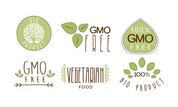 Vector set of colorful food emblems with text. GMO free. 100 natural product. Healthy eating theme — Stock Vector