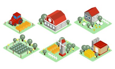 Vektör izometrik çiftlik simgeler kümesi. Ahşap kulübeler, traktör, hasat, otlayan koyun, yel değirmeni ile alan. Mobil oyun için öğeleri