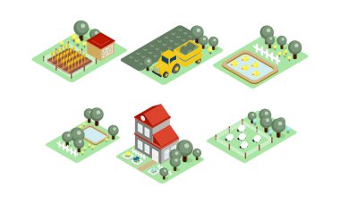 Modern 3d tarzı çiftlik simgelerin vektör ayarlayın. Hasat, otlatma koyun, house, yarda ağaçlar ve havuz alanlarıyla. İzometrik simgeler