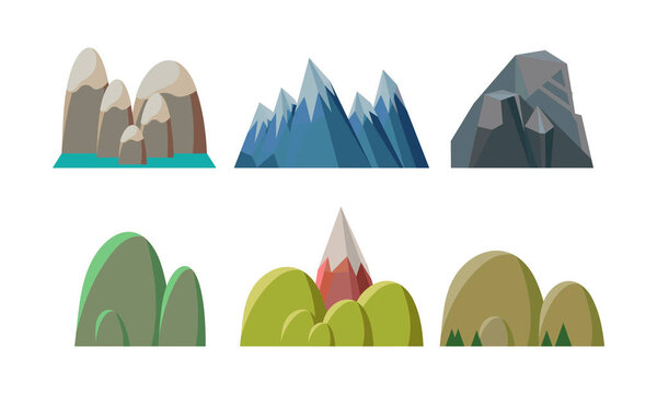 Flat vector set of colorful hills and rocky mountains. Nature landscape elements of mobile game