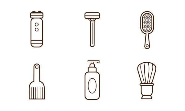 Vector set voor lineaire barbershop tools. Elektrisch scheerapparaat en handmatige scheermes, kam, scheren brus, shampoo fles — Stockvector